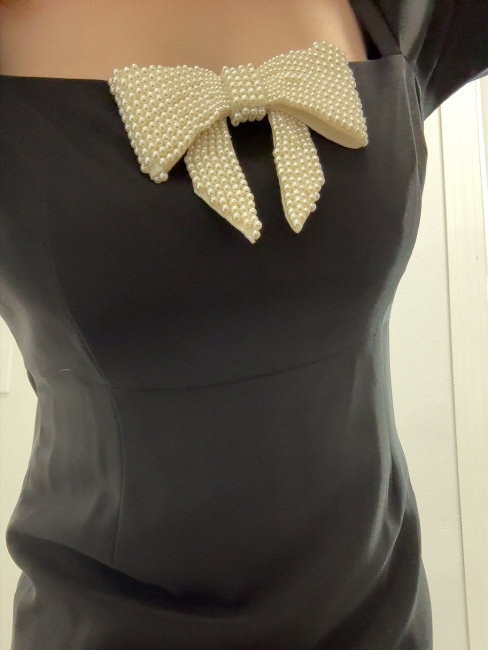 Antonio Melani Elena Crepe Square Neck Midi Ruched Sleeve Pearl Bow Dress - Picture 2 of 7